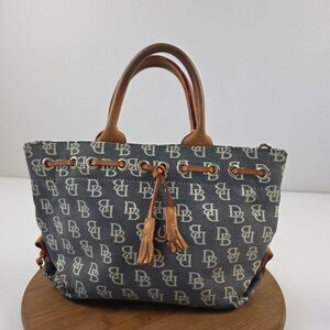 Dooney & Bourke Monogram Tassel Tote Canvas‎ & Leather Double Handle Vintage Y2K